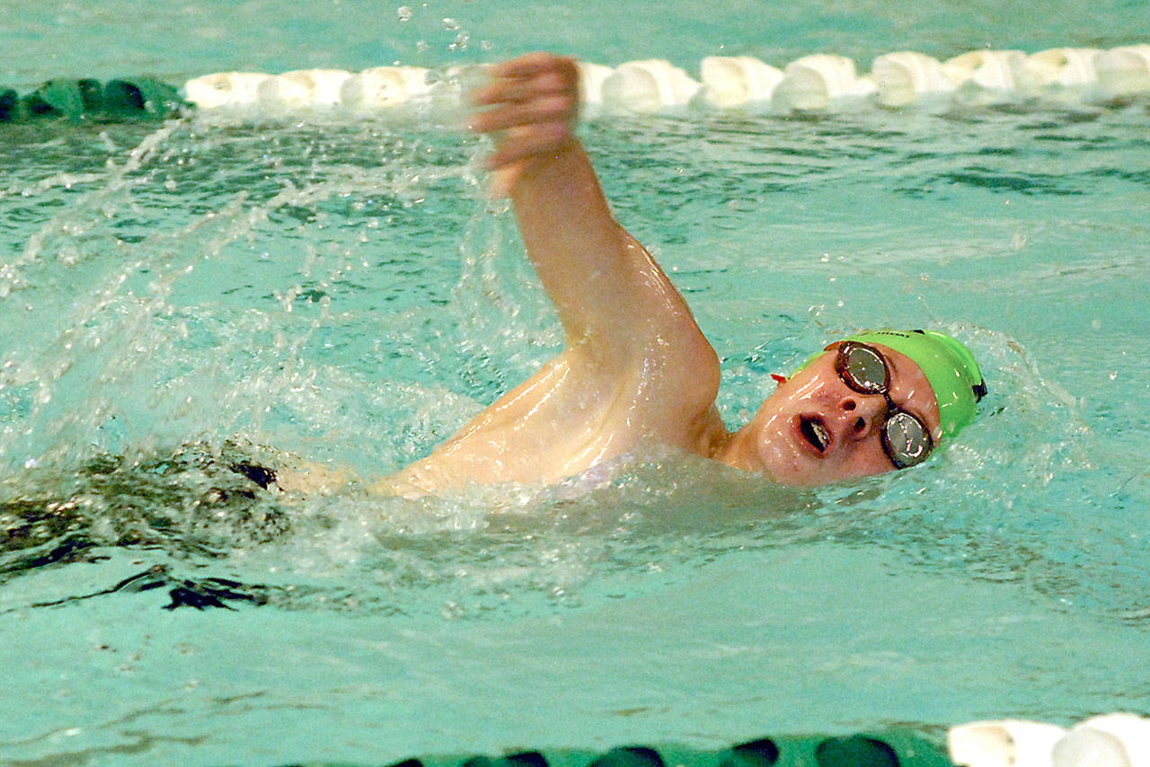 Keith Thorpe/Peninsula Daily News Carter Droz of Port Angeles competes in the 500-yard freestyle event during Tuesday’s meet against Olympic at Wiliam Shore Memorial Pool. (took second)