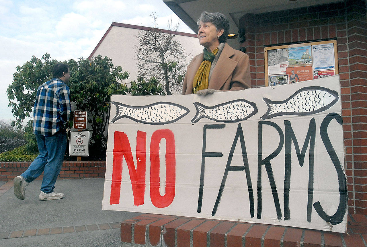 Lorna VanderZanden of Port Angeles stands outside the Clallam County Courthouse in Port Angeles on Tuesday with a sign expressing her opposition to fish pens in the Strait of Juan de Fuca before a public hearing involving the issue by the Clallam County Board of Commissioners. (Keith Thorpe/Peninsula Daily News)