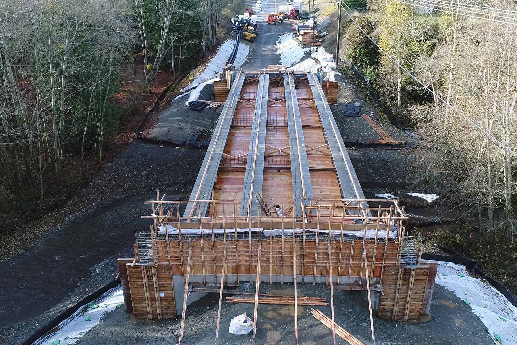 Christopher Enges with Spirit Vision Films captures a shot of construction for the Old Olympic Highway bridge in early November with his drone. Submitted photo