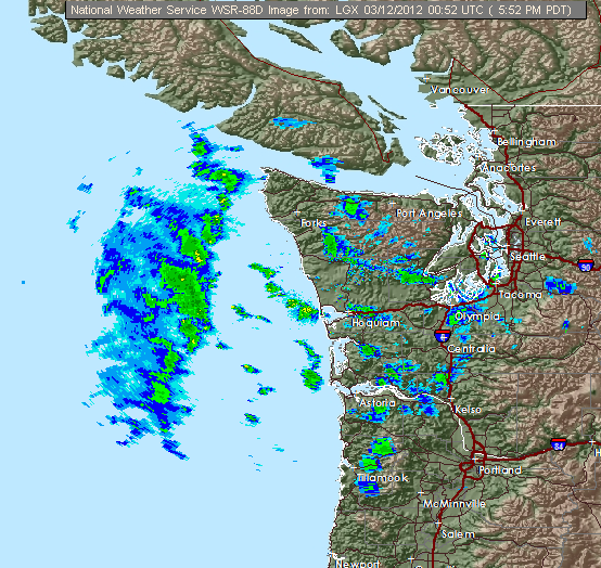 National Weather Service satellite map depicting radar images from the Doppler weather station in Grays Harbor County shows the storm off the Pacific coast shortly before 6 p.m. today. National Weather Service