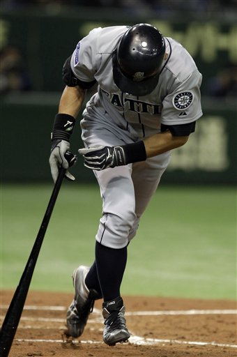 Ichiro reacts after hitting a pop fly in the sixth inning of today's game in Tokyo. The Associated Press