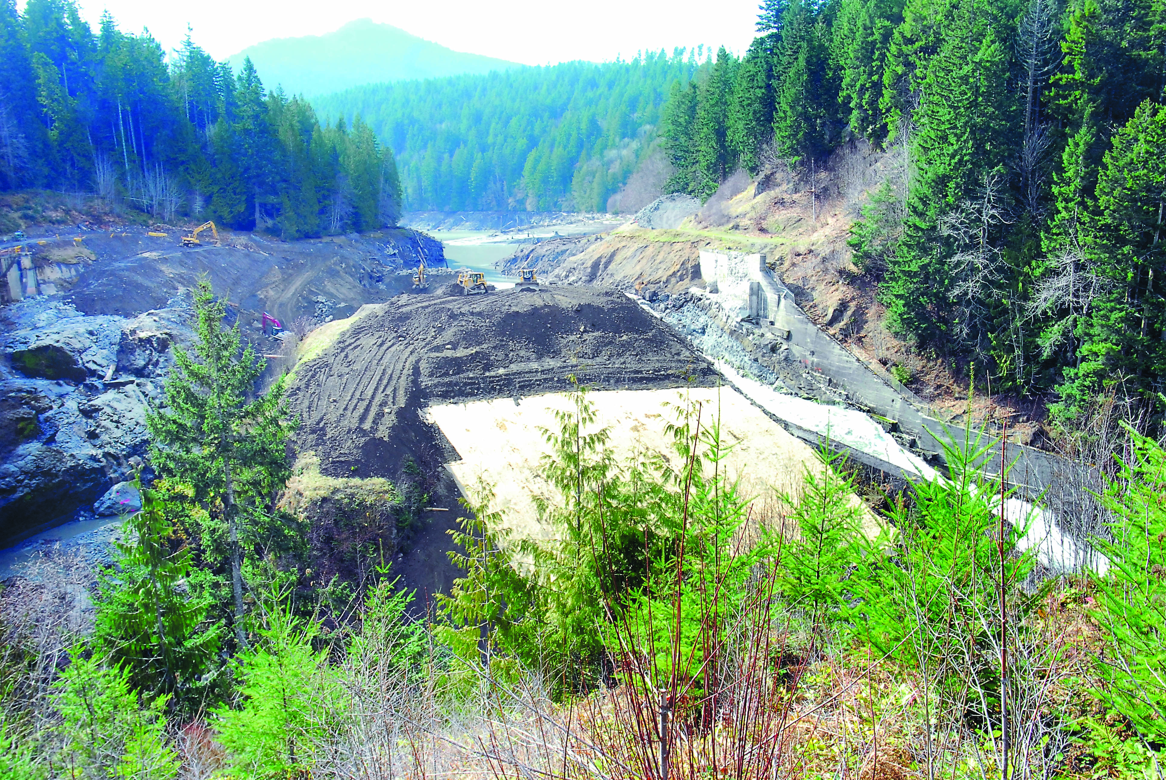 Heavy equipment continues to shape the location of the former Elwha Dam as ground cover protects the site of the removed powerhouse from erosion. Keith Thorpe/Peninsula Daily News