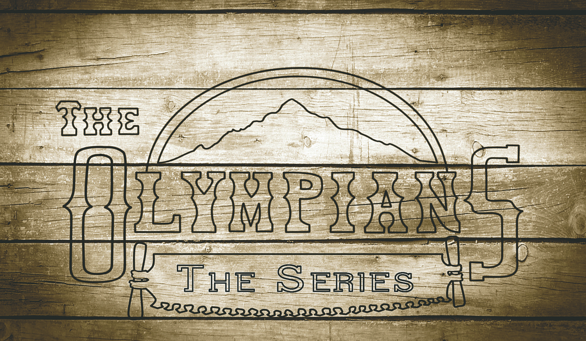 The logo of "The Olympians" features the outline of an Olympic Mountain peak burned into a wooden plank.