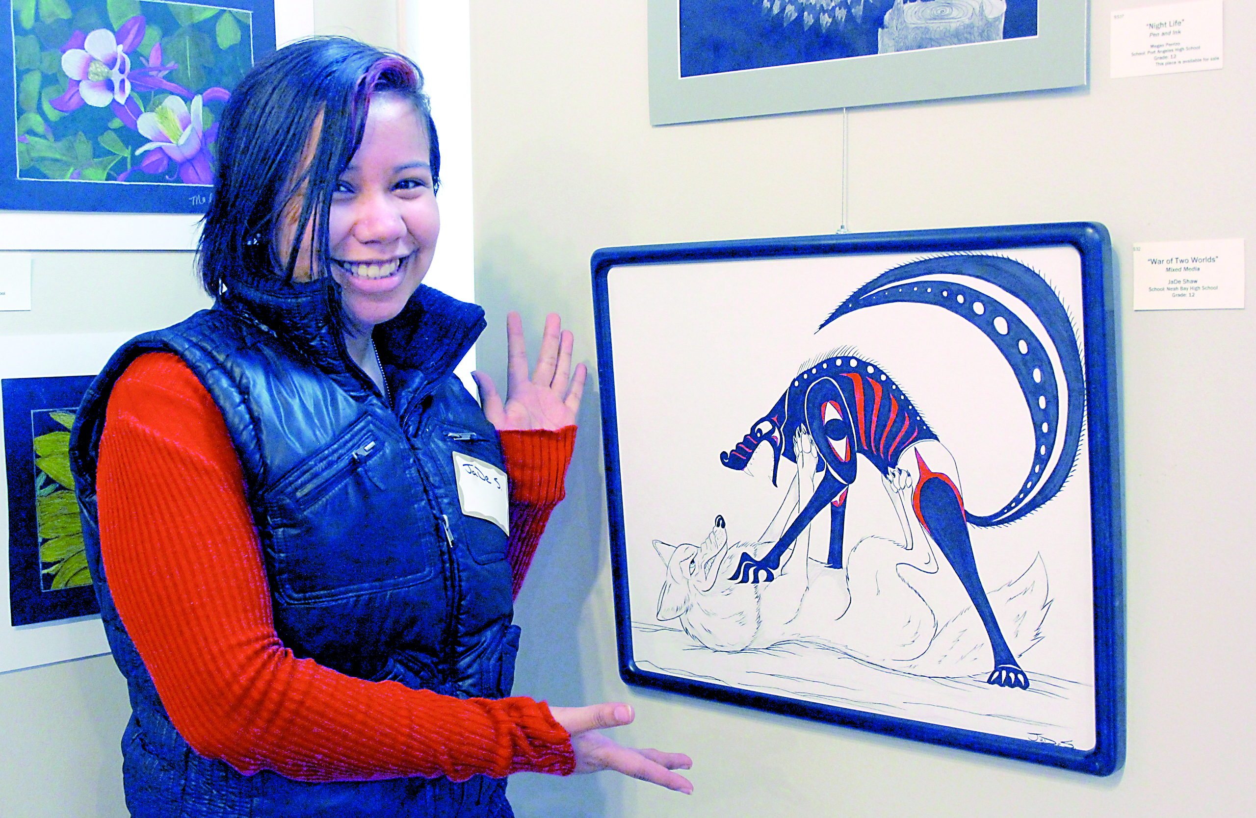 Neah Bay High School senior JaDe Shaw won the Sequim Arts Emerging Artist Award for her “War of Two Worlds.” The mixed-media work is part of the March exhibition at the Museum & Arts Center in Sequim. Renee Mizar