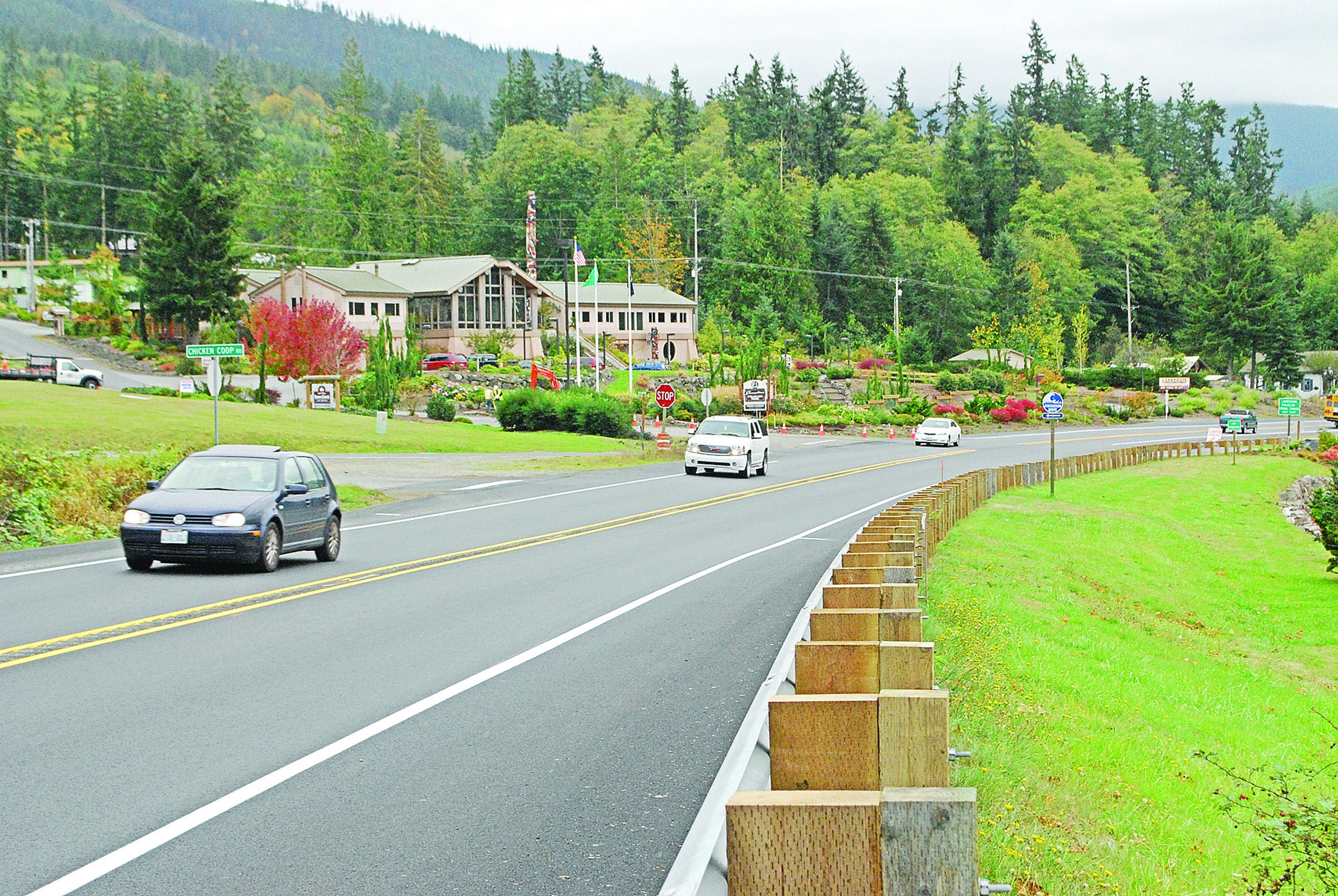 The Jamestown S’Klallam tribe has turned its attention to turning the double intersection of Chicken Coop and Zaccardo roads at U.S. Highway 101 into one intersection. The tribe is also planning “traffic calming” improvements along the stretch of Old Blyn Highway that runs parallel to this link of Highway 101.  --Photo by Jeff Chew/Peninsula Daily News