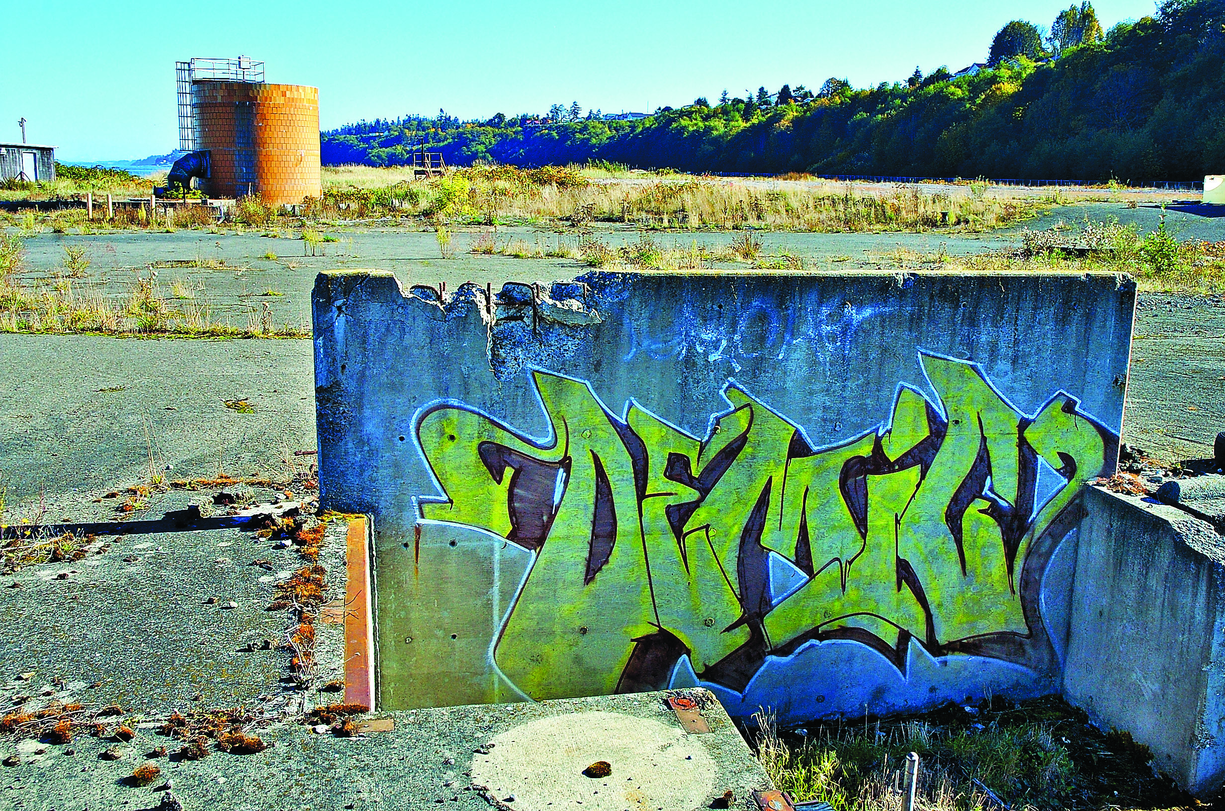 Graffiti marks a section of concrete wall at the former Rayonier Inc. mill site in 2008. Chris Tucker/Peninsula Daily News