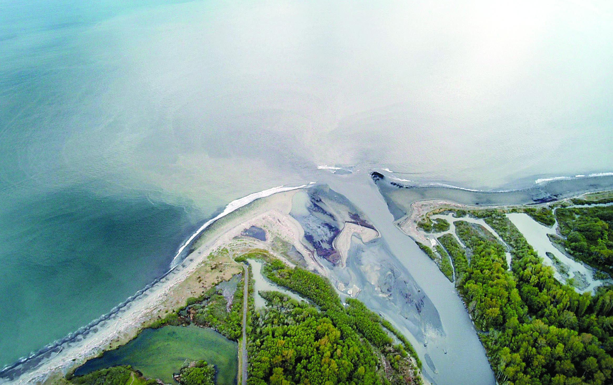 Sediment flows out of the mouth of the Elwha River into the Strait of Juan de Fuca on Friday as the river cuts through nearly a century of silt collected behind two dams being now removed upstream as seen in this aerial photo.  -- Keith Thorpe/Peninsula Daily News