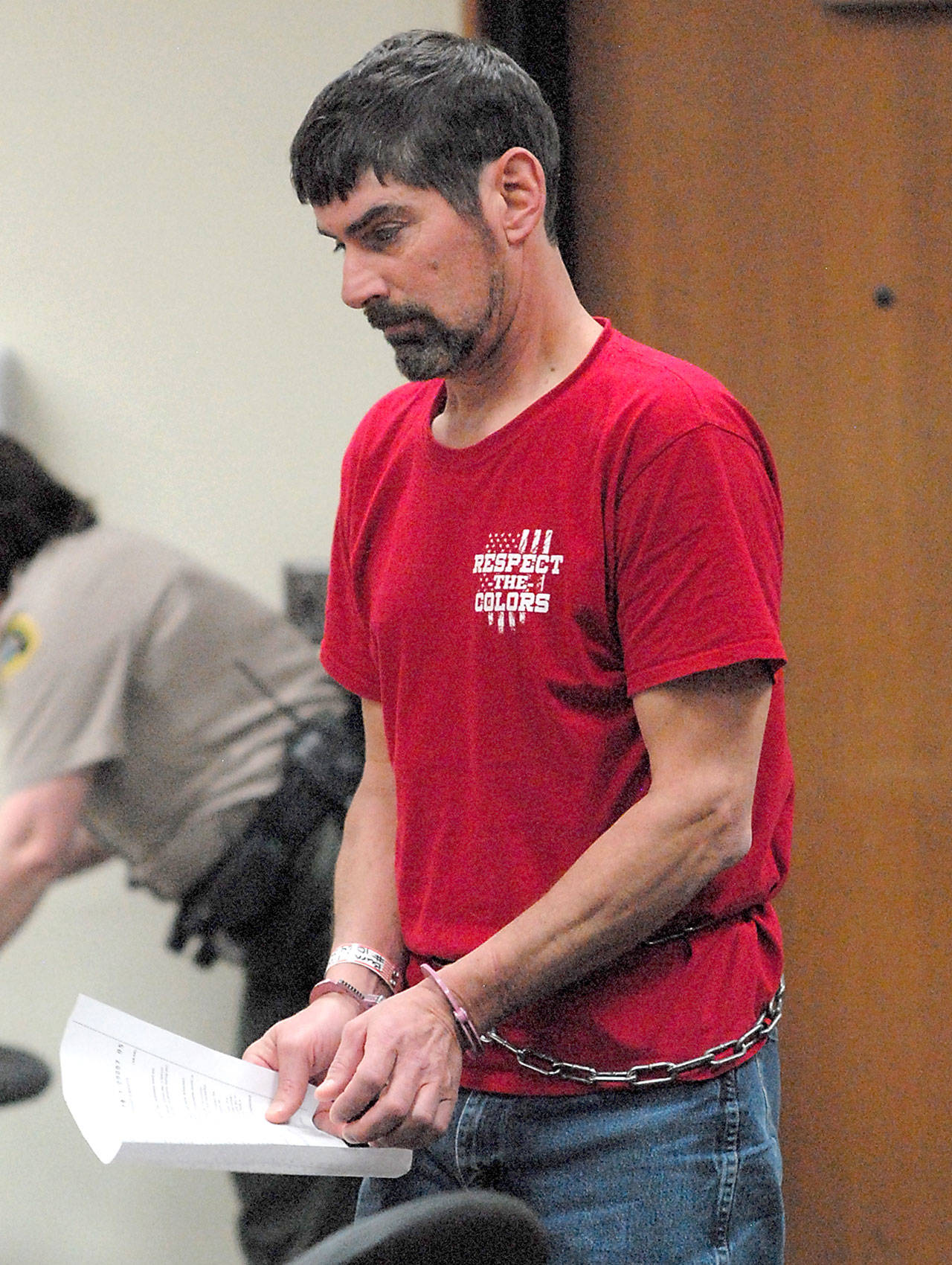 Robert Eugene Burns makes his first appearance in Clallam County Superior Court in Port Angeles on Tuesday. (Keith Thorpe/Peninsula Daily News)