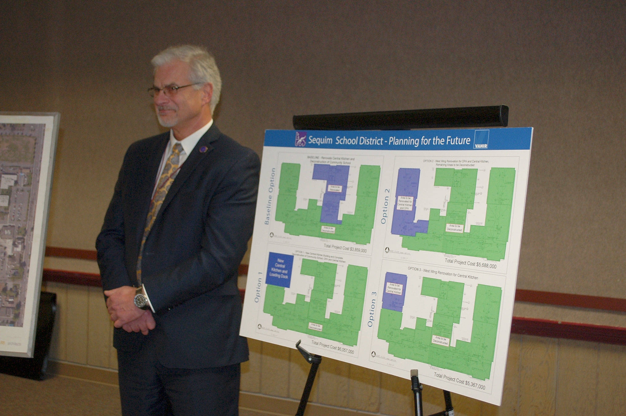 At a Jan. 11 public forum, Sequim School District Superintendent Gary Neal describes possible changes to a Sequim Community School capital levy project. (Erin Hawkins/Olympic Peninsula News Group)