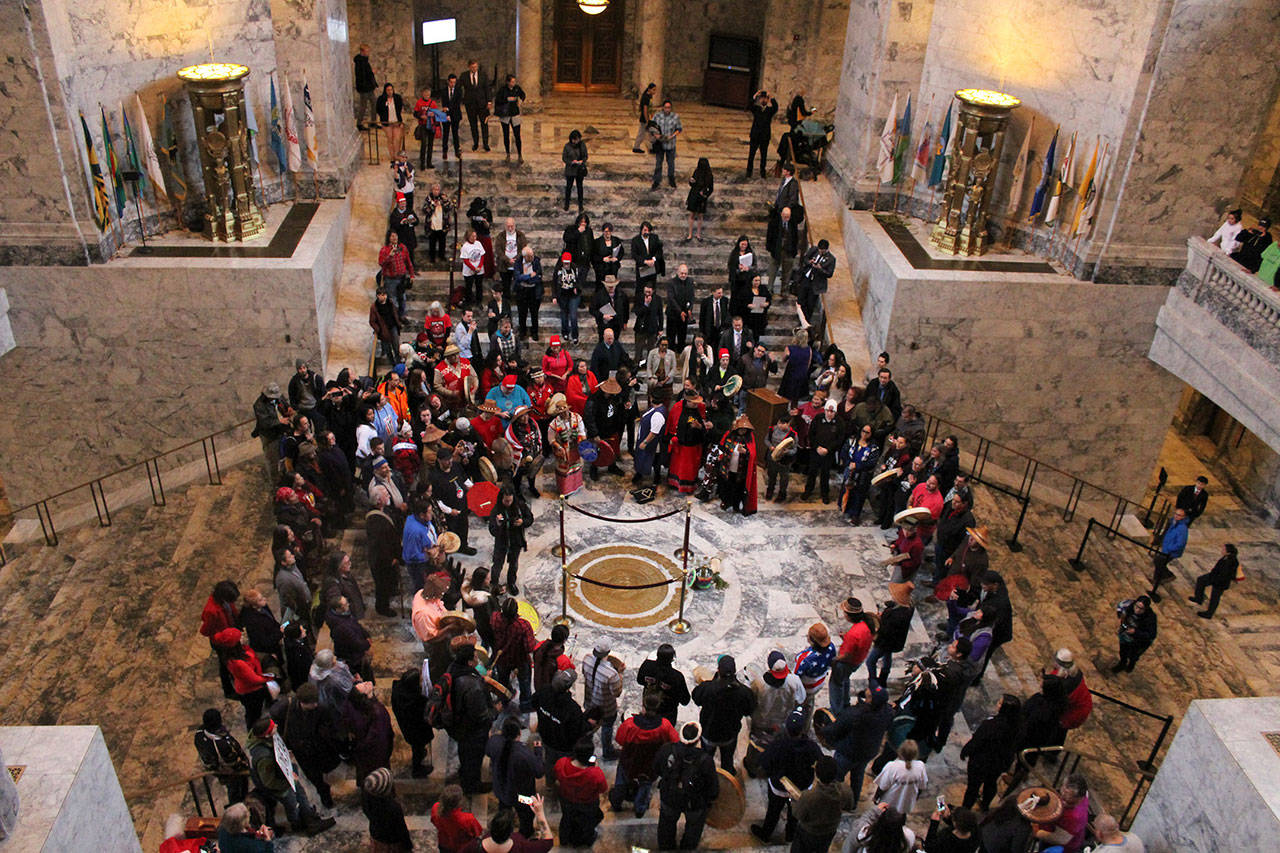 Washington Native American tribal members and activists gather at the Capitol in Olympia on Tuesday to show a lobbying force over various bills that impact Indian Country. (Taylor McAvoy/WNPA Olympia News Bureau)