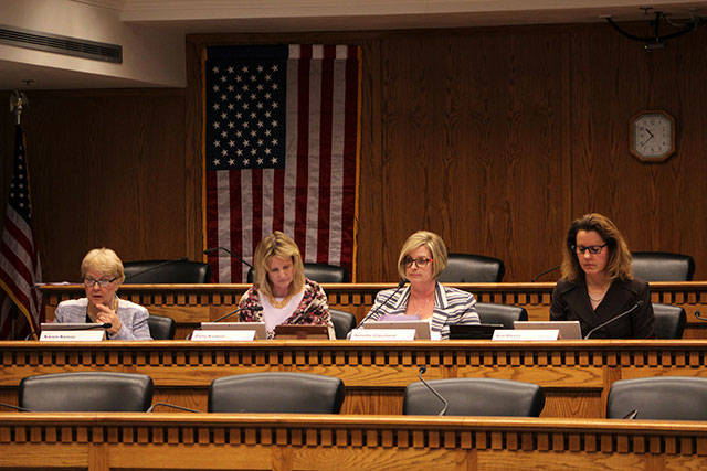 Senate Health and Long Term Care Committee members, from left, state Sens. Karen Keiser, Patty Kuderer, Annette Cleveland and Ann Rivers. (Taylor McAvoy/WNPA Olympia News Bureau)