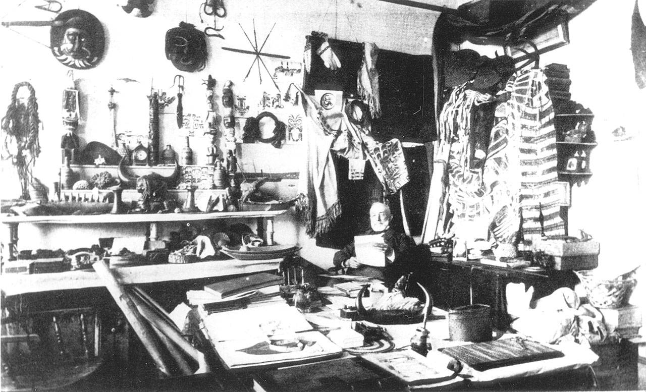 A photograph from the Jefferson County Historical Society’s collection shows James Swan with some items from his native art collection.