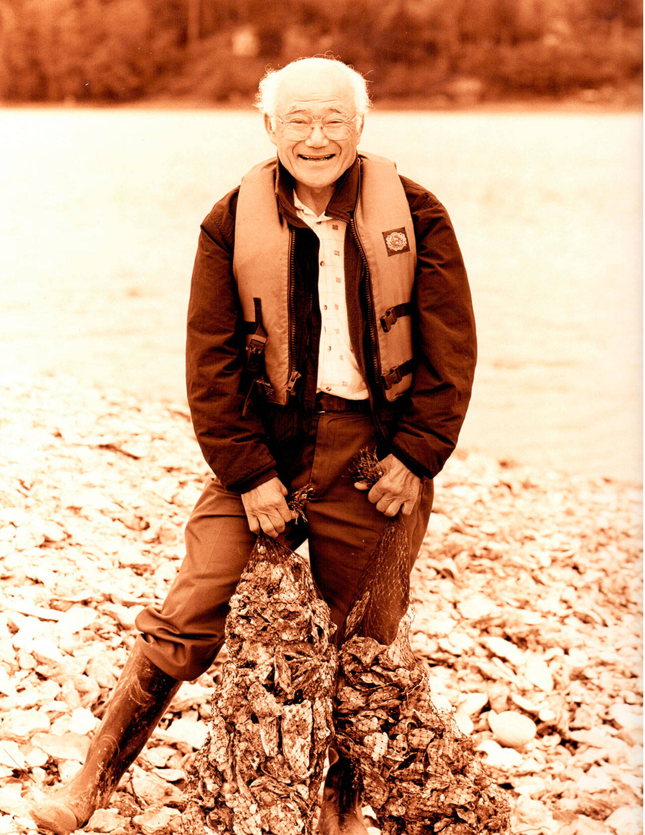 Oyster Farming Icon Jerry (Eiichi) Yamashita with some of his life’s work. photo by Chuck Kuhn