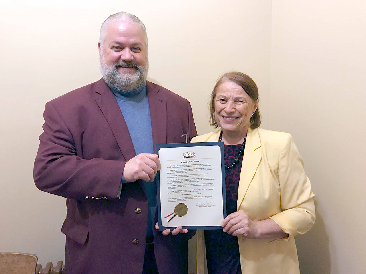 Port Townsend Mayor Deborah Stinson proclaimed the week of Feb. 4-10 as Toastmasters International Week during the Feb. 5 City Council meeting. Toastmasters Kyle Hall, left, and Jan McDonald accepted the proclamation.