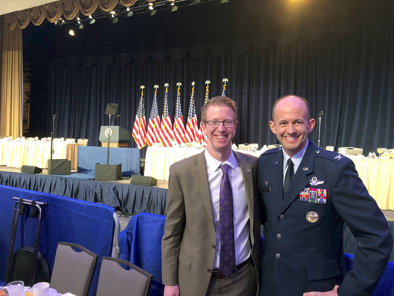 U.S. Rep. Derek Kilmer and Air Force Col. John Teichert at the National Prayer Breakfast on Thursday in Washington, D.C.