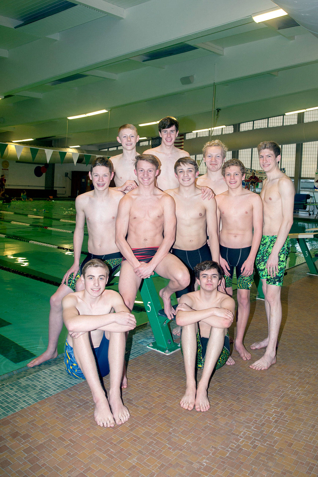 Patty Reifenstahl Port Angeles Swimmers and divers heading to Renton to compete in the West Central District meet this weekend are, back row from left, Carter Droz, Andrew Methner, Halen Gerhard, middle row, Taylor Martin, Alex Hertzog, Henry Shaw, Nate Toscano, and sitting, Crescents Micah Scott and Jonathan Maestas.