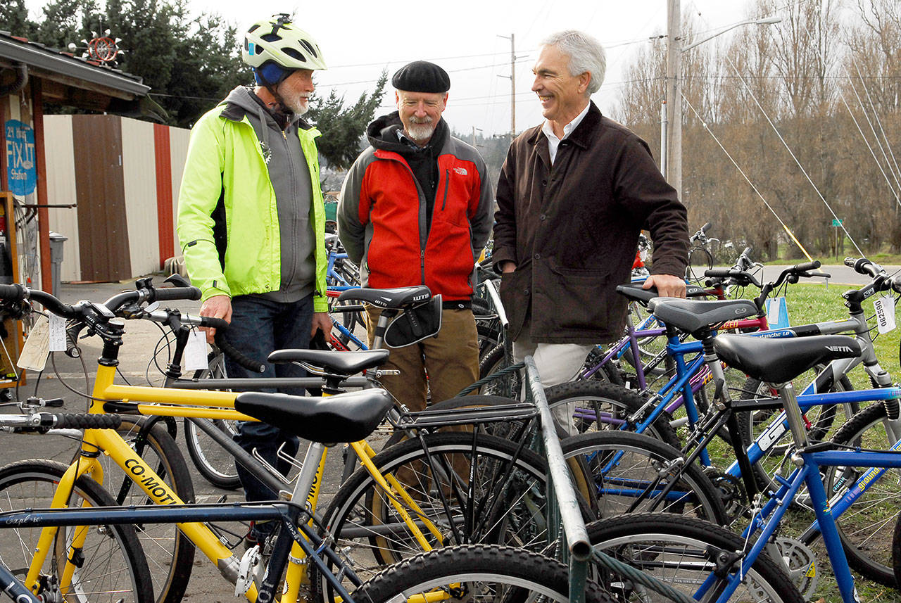 The founders of the Port Townsend Cycle School discuss the opening of their new enterprise. From left are Kees Kolff, Dave Thielk and David Engle. The school will hold a launching community conversation Thursday at 4:30 p.m. in Port Townsend. (Jeannie McMacken/Peninsula Daily News)