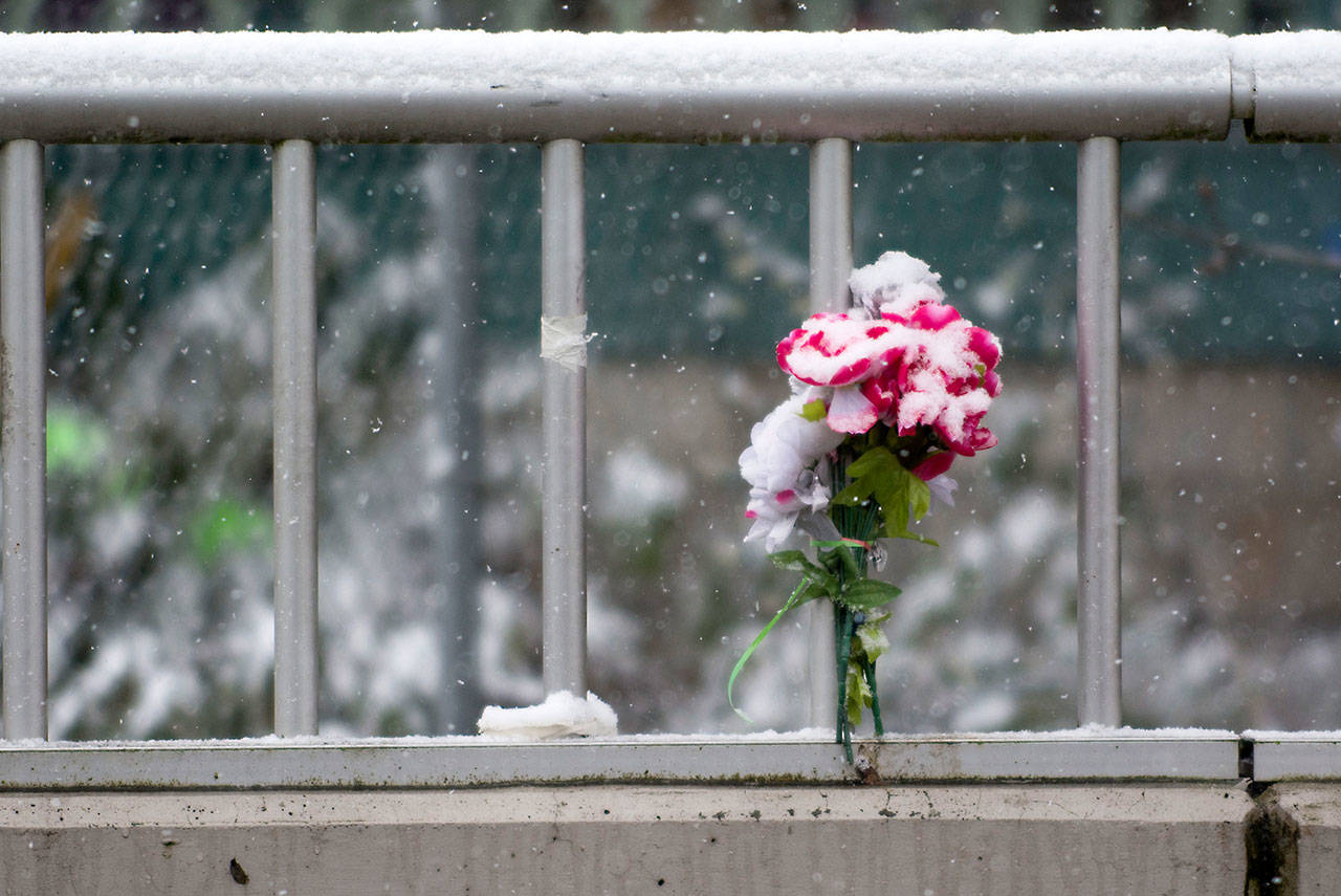 Snow-covered flowers sit on the edge of the eastern Eighth Street Bridge in Port Angeles on Wednesday. The state House and Senate draft transportation budgets include funding to help build suicide barriers on both of the bridges. (Jesse Major/Peninsula Daily News)