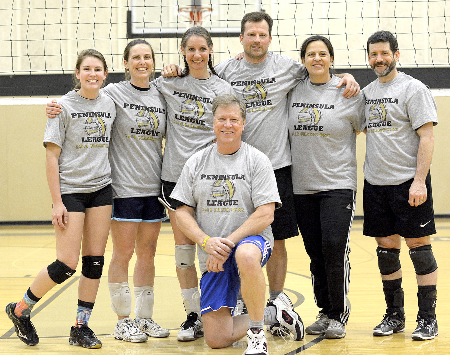 Peak Performance Therapy defeated KR3W 25-14, 27-25 Thursday night in the championship match to win the 2018 Peninsula Volleyball League title. Peak Performance players are from left Alyssa Wetzler, Christine Halberg, Nancy LeBlanc, Greg Halberg, Rebekah Monet and Eric Palenik. Kneeling is Tom Lotz.
