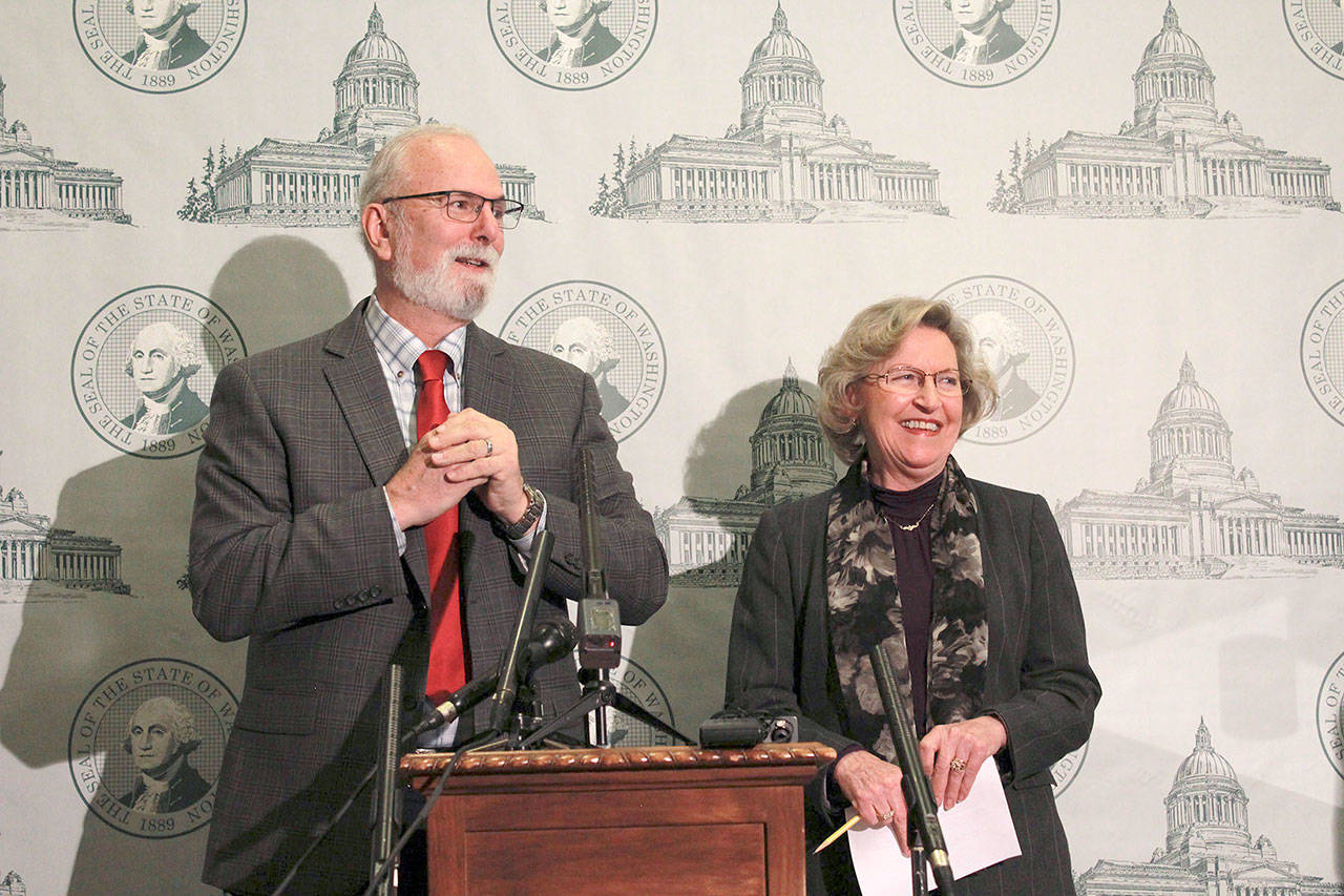 Sens. Phil Fortunato, R-Auburn, and Barbara Bailey, R-Oak Harbor, host a press conference Wednesday to introduce their bills. (Taylor McAvoy/Washington Newspaper Publishers Association)