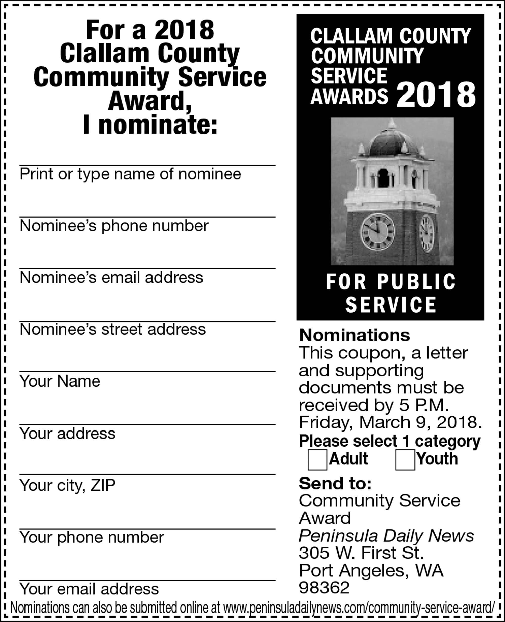 Deadline is Friday for Clallam County Community Service Award nominations