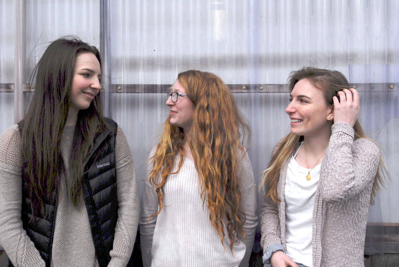 Chimacum High School juniors, from left, Clara Johnson Noble, Farryn Olson Wailand and Aurora Plunkett are planning to walk out of class on March 14 at 10 a.m. to bring the national debate about school gun violence to their hometown. (Jeannie McMacken/Peninsula Daily News)