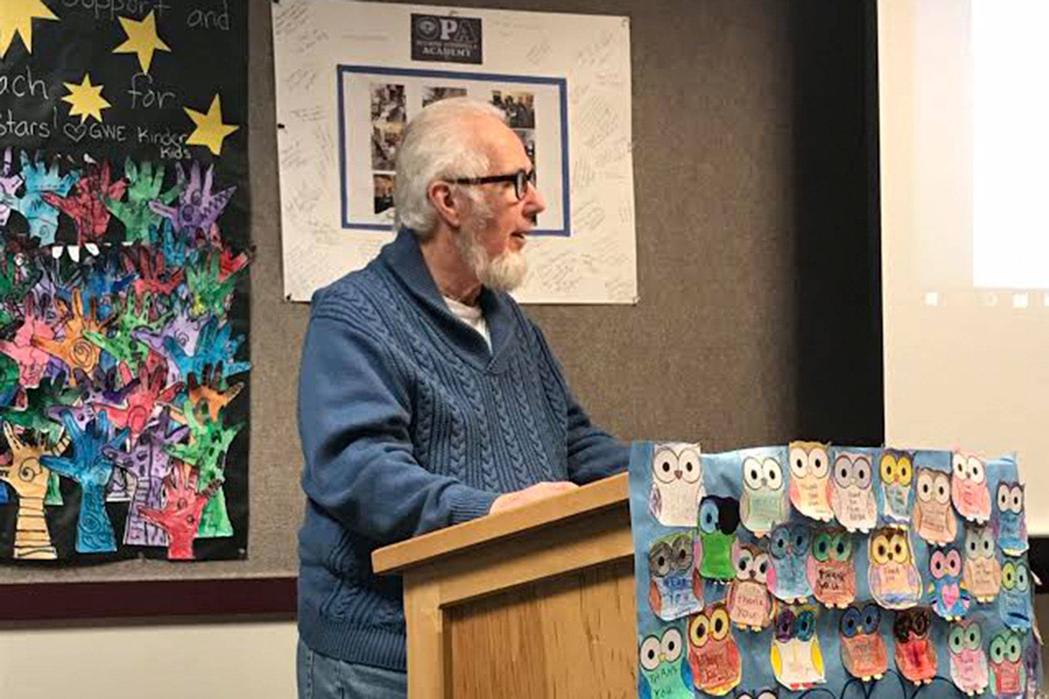 Jack Singleton, a Carlsborg resident, speaks to the Sequim School Board, suggesting a team of volunteers be put together to help protect students at Sequim Schools.