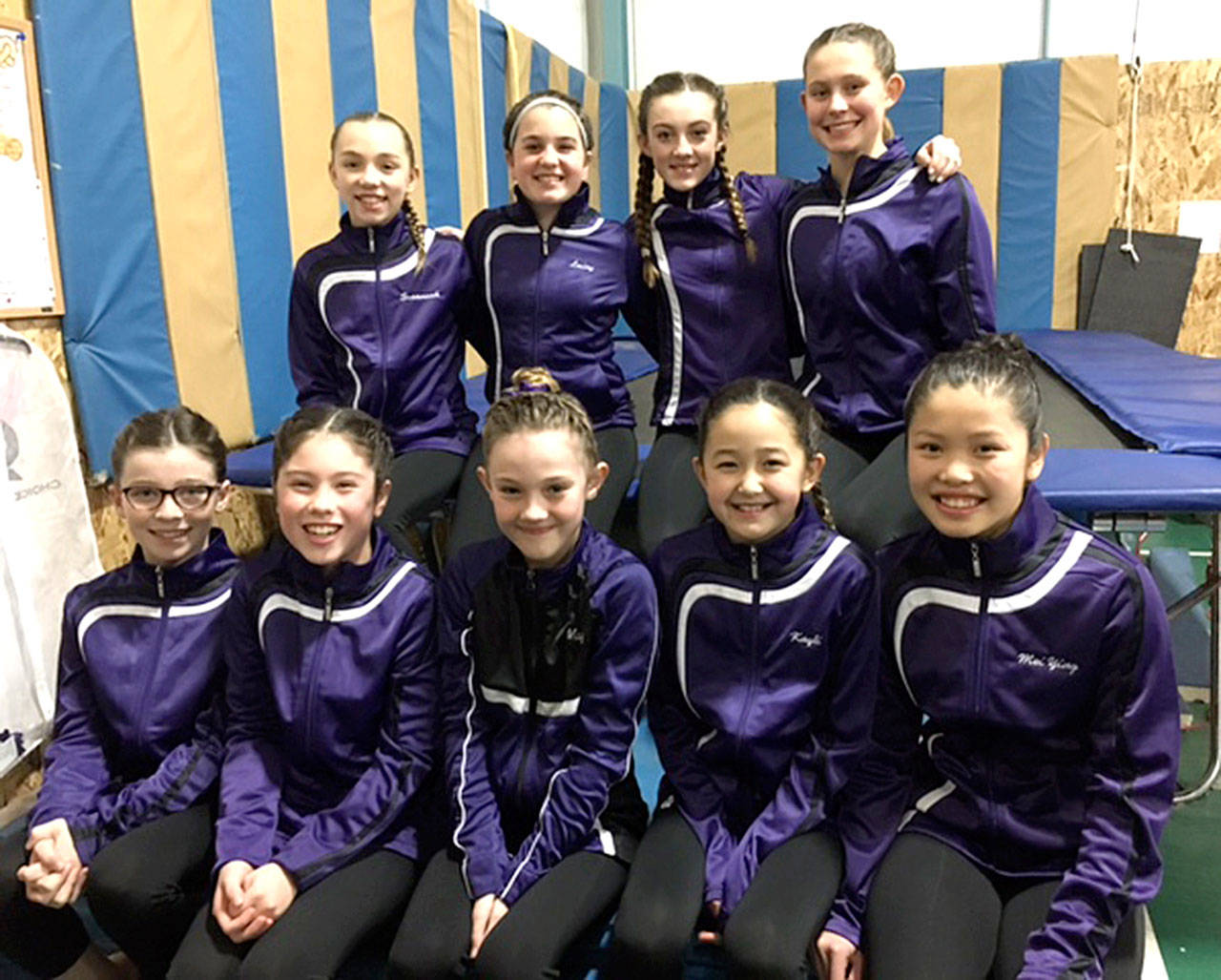 Klahhane Gymnastics gymnasts at the Bunny Hop Invitational in Kent this weekend. From left, back row, are Susannah Sharp, Lainy Vig, Danica Pierson and Anne Edwards. From left, front ropw, are Jessamyn Schindler, Sadie Miller, Rylee Evans, Kayli Sexton and MeiYing Harper-Smith. Not in the picture are team members Cassii Middlestead and Emma Sharp