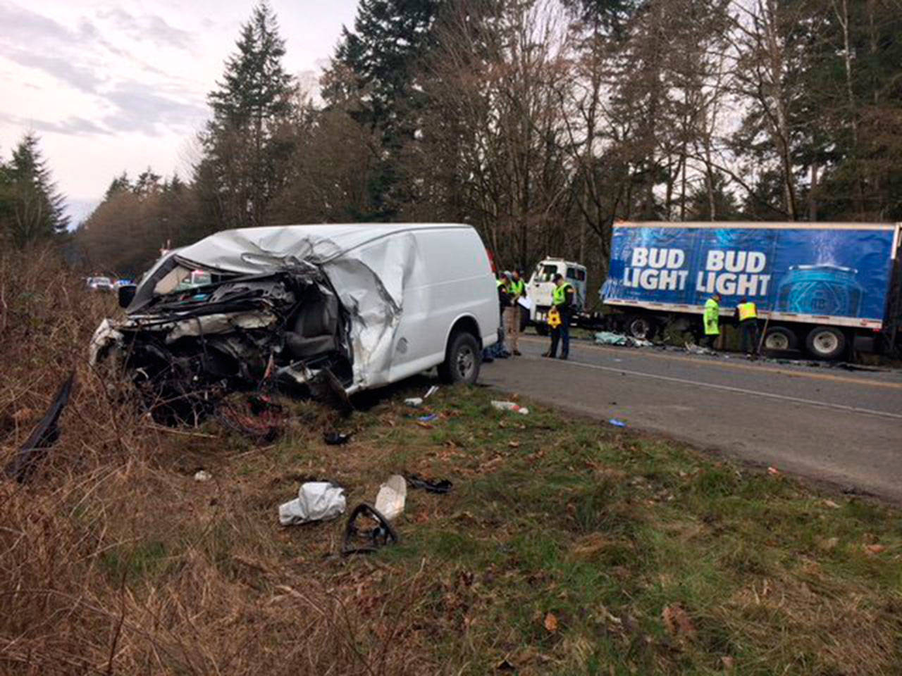 The Port Angeles man driving this van was killed in a three-vehicle wreck on state Highway 3 near Poulsbo on Tuesday morning. (Trooper Russ Winger/State Patrol)