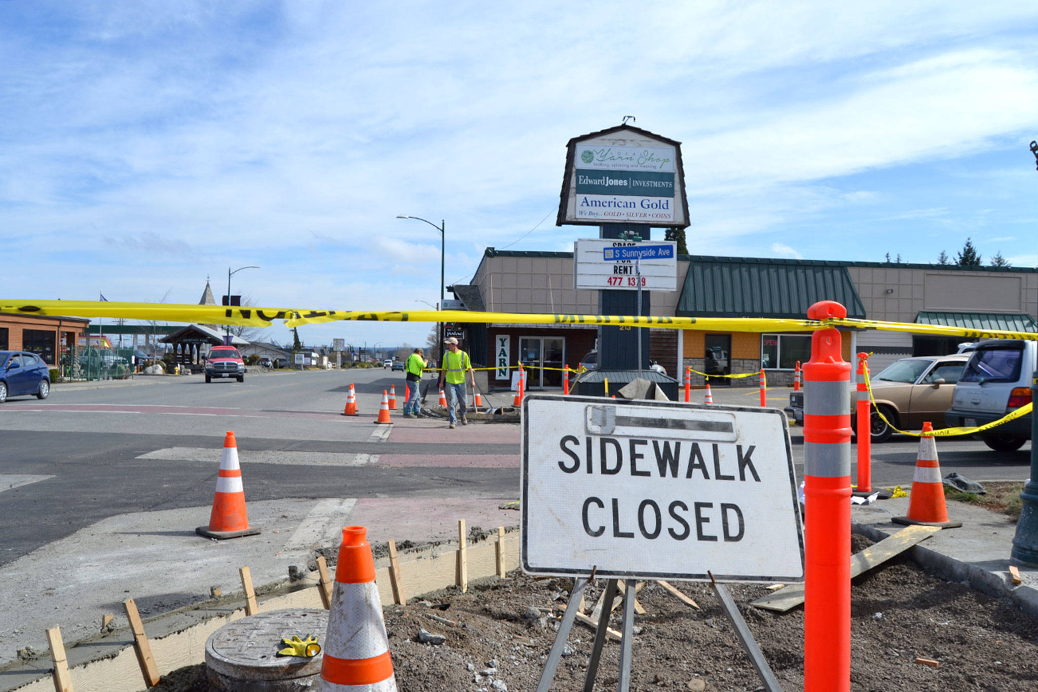 Construction to replace water and sewer lines along north and south Sunnyside Avenue will continue through the end of April, say Sequim city staff. Construction will temporarily close the entrance and exit to vehicles to the Sequim Post Office from Thursday through next Sunday, April 1. (Matthew Nash/Olympic Peninsula News Group)