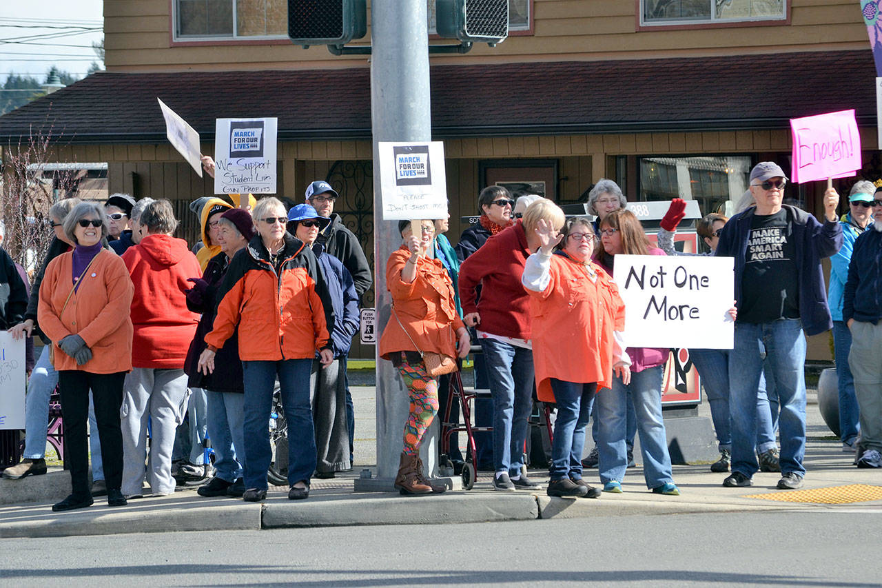About 75 people rallied Saturday in support of stricter gun control policies as part of the March for Our Lives national event. (Matthew Nash/Olympic Peninsula News Group)