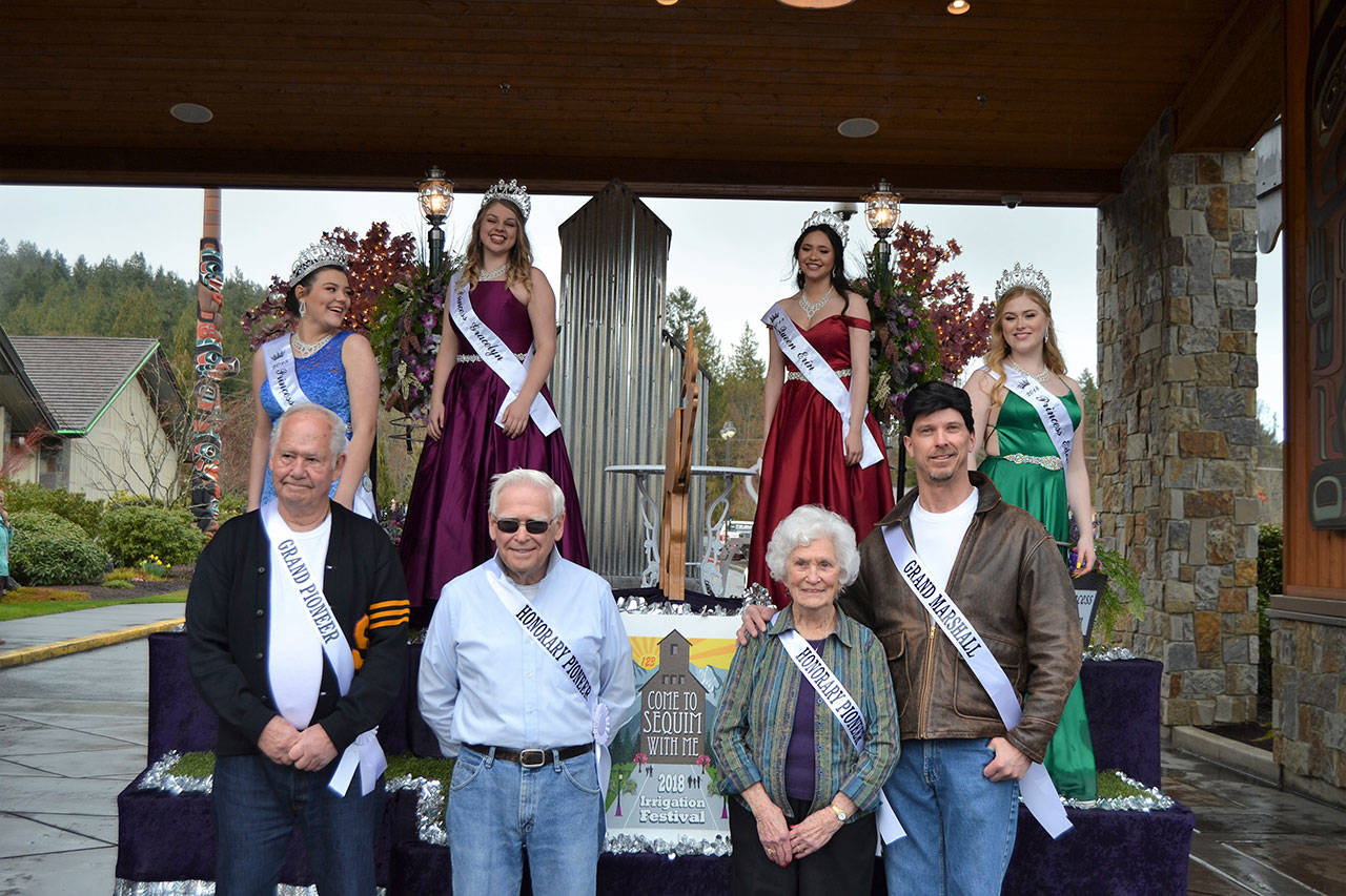 Dignitaries with the Sequim Irrigation Festival stand together Saturday after the festival’s float was revealed at the Kick-Off Dinner at 7 Cedars Casino. Present for the float reveal and dinner were, from top left, Princess Gabi Simonson, Princess Gracelyn Hurdlow, Queen Erin Gordon, Princess Eden Batson; front left, Grand Pioneer Don Ellis, Honorary Pioneer Ross Hamilton, Honorary Pioneer Lorelle Agostine, and Grand Marshal Dave McInnis. Not pictured is Grand Pioneer Wilma Rhodefer Johnson. (Matthew Nash/Olympic Peninsula News Group)