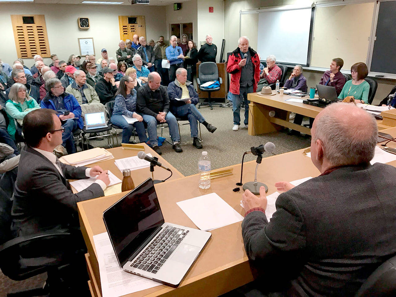 John Wayne Marina tenant Joe Walsh was one of more than two dozen speakers at a Port of Port Angeles commissioners meeting on the Sequim facility. (Paul Gottlieb/Peninsula Daily News)