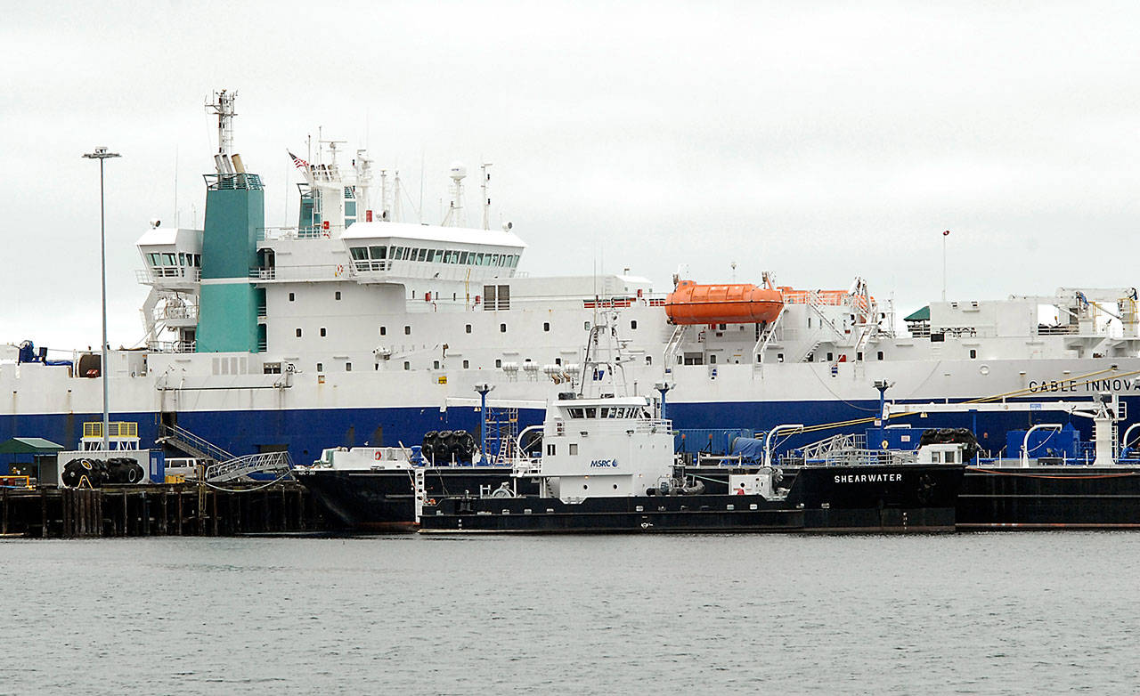 The undersea cable-laying ship Cable Innovator sits at the Port of Port Angeles Terminal One on Friday. (Keith Thorpe/Peninsula Daily News)