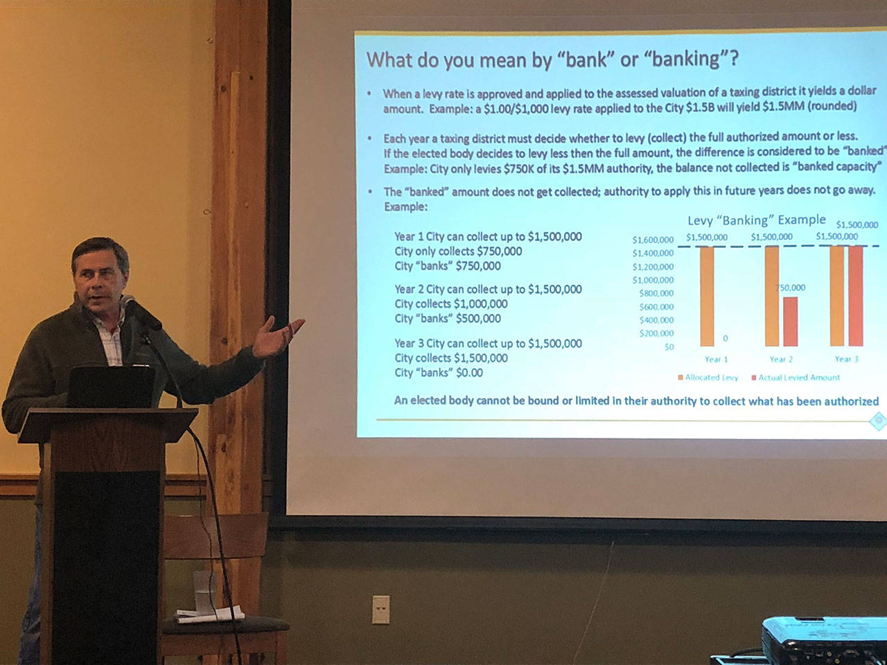 Port Townsend City Manager David Timmons explains the concept of “banking” during the final fire district annexation meeting. Close to 60 residents participated in the information-gathering session. (Jeannie McMacken/Peninsula Daily News)