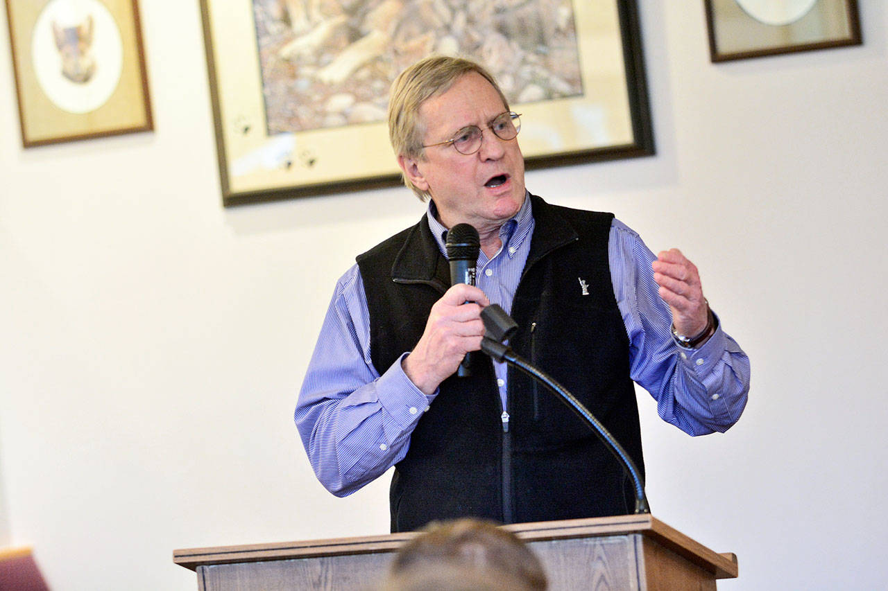 State Rep. Steve Tharinger, D-Sequim, gives a legislative update at the Port Angeles Business Association Meeting on Tuesday. (Jesse Major/Peninsula Daily News)