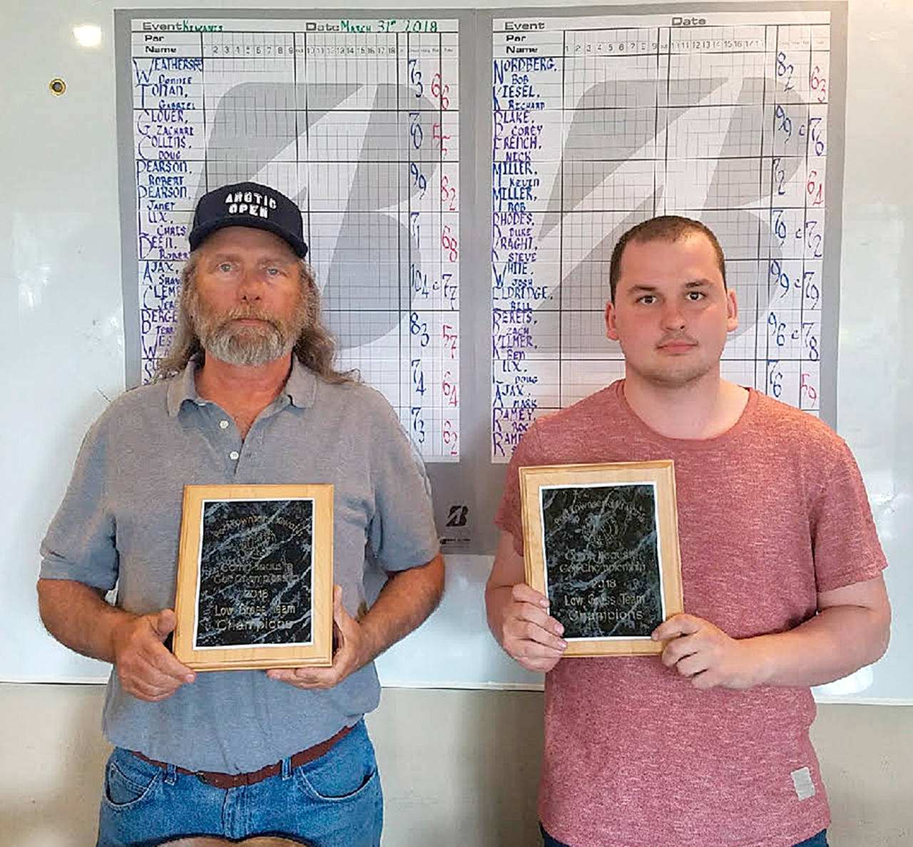 Doug Collins, left, and Zackari Glover teamed to win the Gross division at the 22nd annual Kiwanis Golf Tournament held last month at Port Townsend Golf Club. More than $10,000 was raised to support special needs children attending Camp Beausite Northwest near Chimacum. (Port Townsend Golf Club)