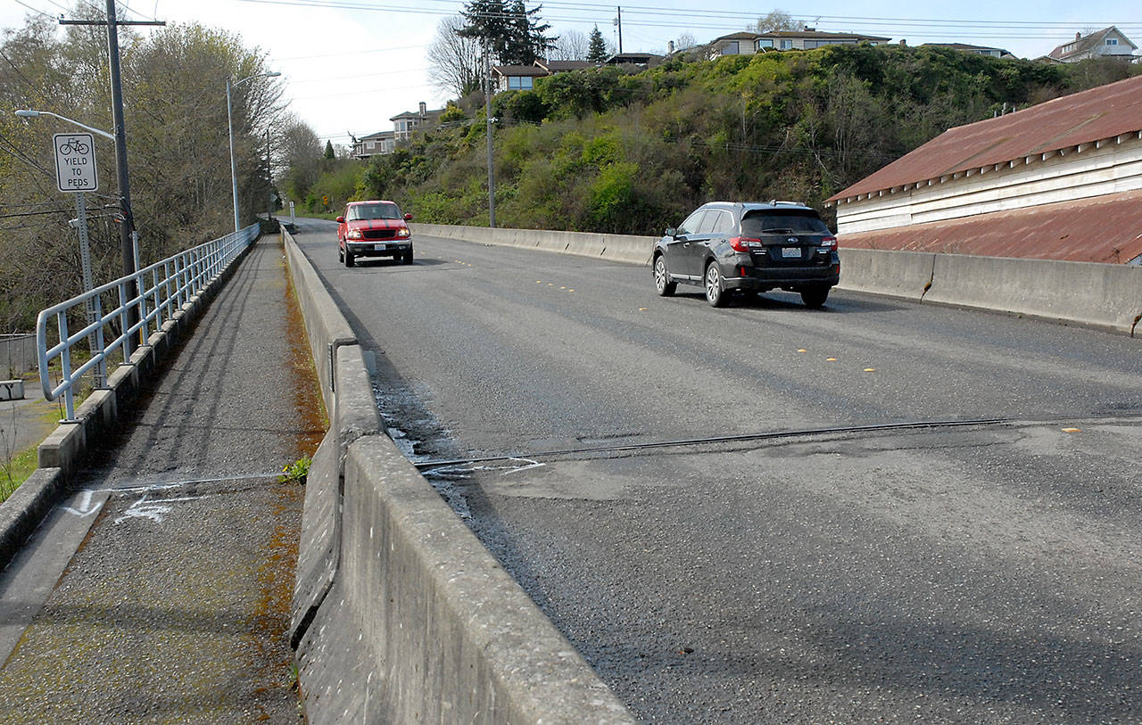The Tumwater Street bridge in Port Angeles, shown Tuesday, is slated for work that would replace the bridge’s expansion joints and improve the road surface. (Keith Thorpe/Peninsula Daily News)
