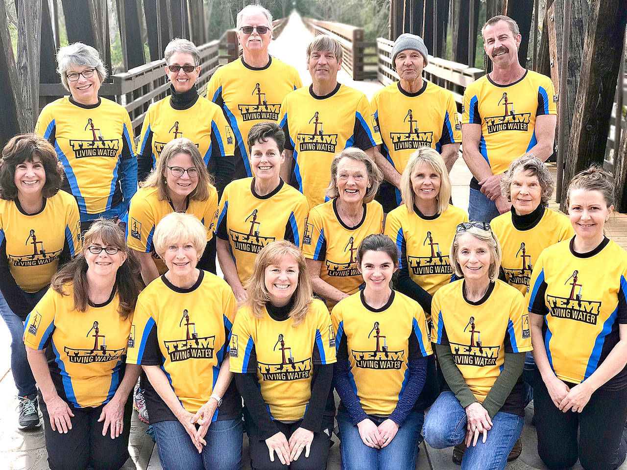 A group from Dungeness Community Church is Sequim is running in the 2018 North Olympic Marathon on June 3 to raise funds for Living Water International so they can build a well and refurbish other wells in Nicaragua. The group is hoping to raise $10,000. From left, front row, are Karen Hill, Carlene Brown, Branette Richards, Stacie Van de Weghe, Linda Keyte and Sarah Winfield. From left, middle row, are Chris Miner, Jennie Forgerg, Molly Omann, Judy Boissevain, Cherie Hendrickson and Carlene Moberg. From left, back row, are Barb Bentley, Rosalie Di Maggio, Martin Murray, Al Chrisman, Kevin Magner and Brian Omann. Team members not in the photo are Kate Hall, Anna Swanberg, Jeanette Gish, Selina Miller, Deanna McComas, Kelin Schaafsma, Kim Mason, Allison Palmer, Jeremiah Collins and Julie Hill.                                A group from Dungeness Community Church in Sequim is running in the 2018 North Olympic Marathon on June 3 to raise funds for Living Water International so they can build a well and refurbish other wells in Nicaragua. The group hopes to raise $10,000.