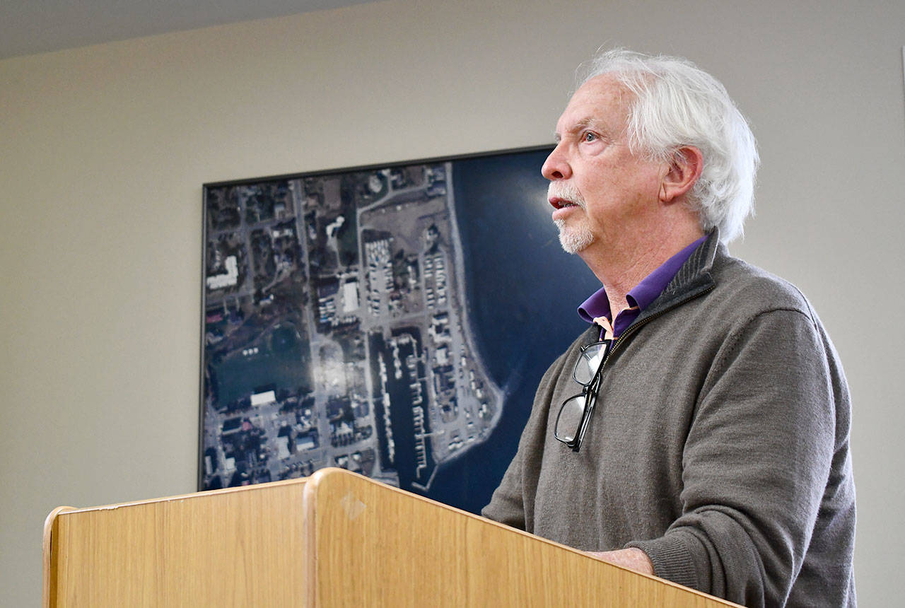 Steve Oliver, Northwest Maritime Center board president, addresses the Port of Port Townsend commission at its meeting. (Jeannie McMacken/Peninsula Daily News)