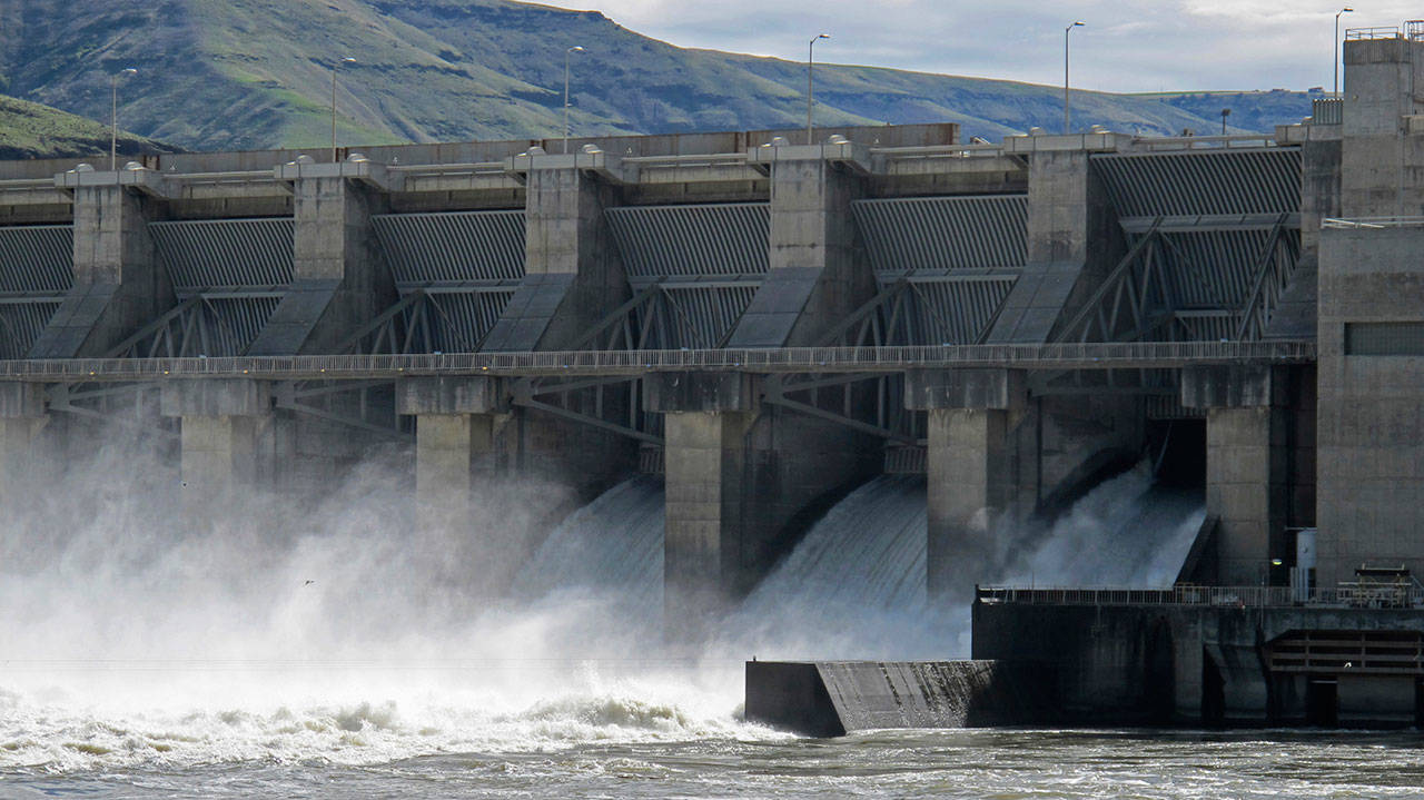 Water moves through a spillway of the Lower Granite Dam on the Snake River near Almota. (Nicholas K. Geranios/The Associated Press)