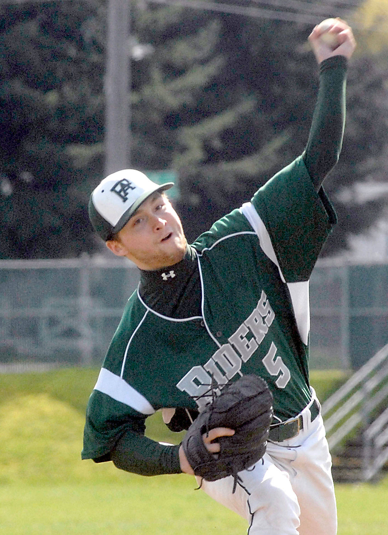 Port Angeles’ Slater Bradley pitches earlier this season. The Roughriders pitching staff has a 1.16 ERA in eight Olympic League 2A Division games this season. Port Angeles visits Sequim today (Wednesday) at 4:15 p.m.                                Keith Thorpe/Peninsula Daily News