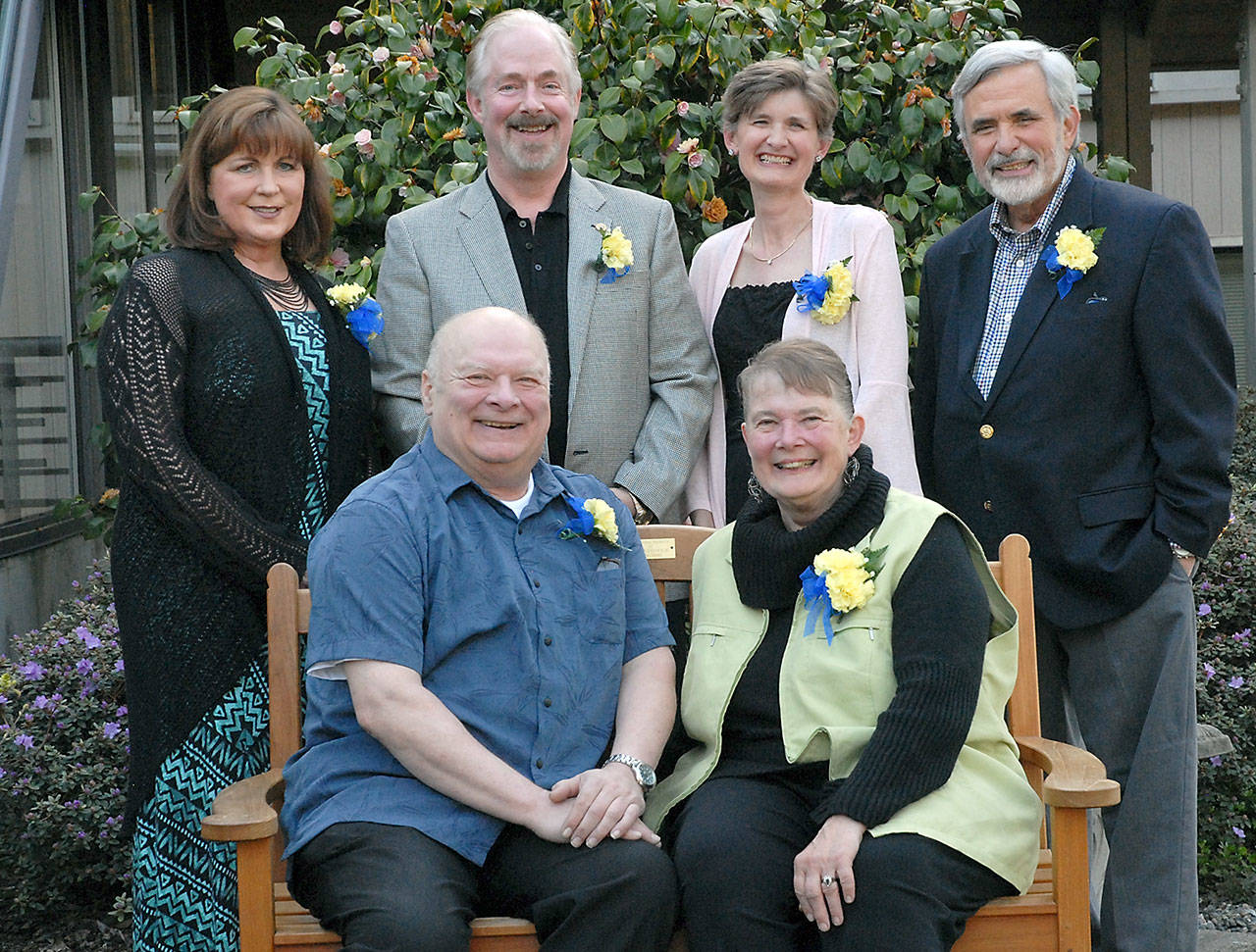 Clallam County Community Service Award recipients gather before Thursday’s awards ceremony at Holy Trinity Lutheran Church in Port Angeles. Receiving awards were, front row from left, Jim and Donna Buck, and, back row from left, Carol Sinton, Jim Hallett, Kim Rosales and John Brewer. (Keith Thorpe/Peninsula Daily News)