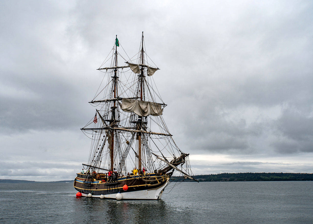 The Lady Washington approaches the dock at the Northwest Maritime Center after an afternoon sail on Port Townsend Bay. (Steve Mullensky/for Peninsula Daily News)