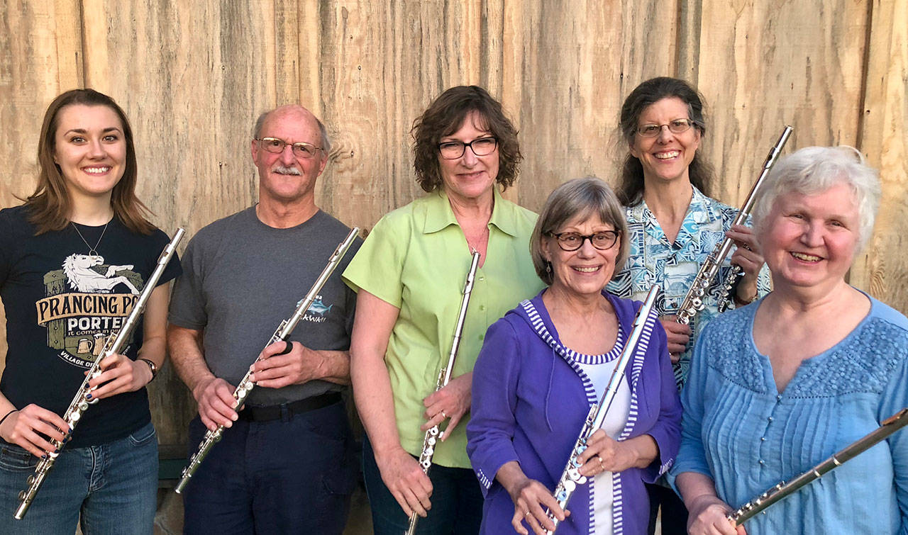 The Sequim City Band’s flute section is showcased in “Flight of the Flutes,” one of the selections for the band’s “To the Heights” concert Sunday. The section includes, from left, Lea Sollmann, Martin Williams, Valerie Hinchliff, Susie Herrick, Lesa Barnes and Marie Meyers.