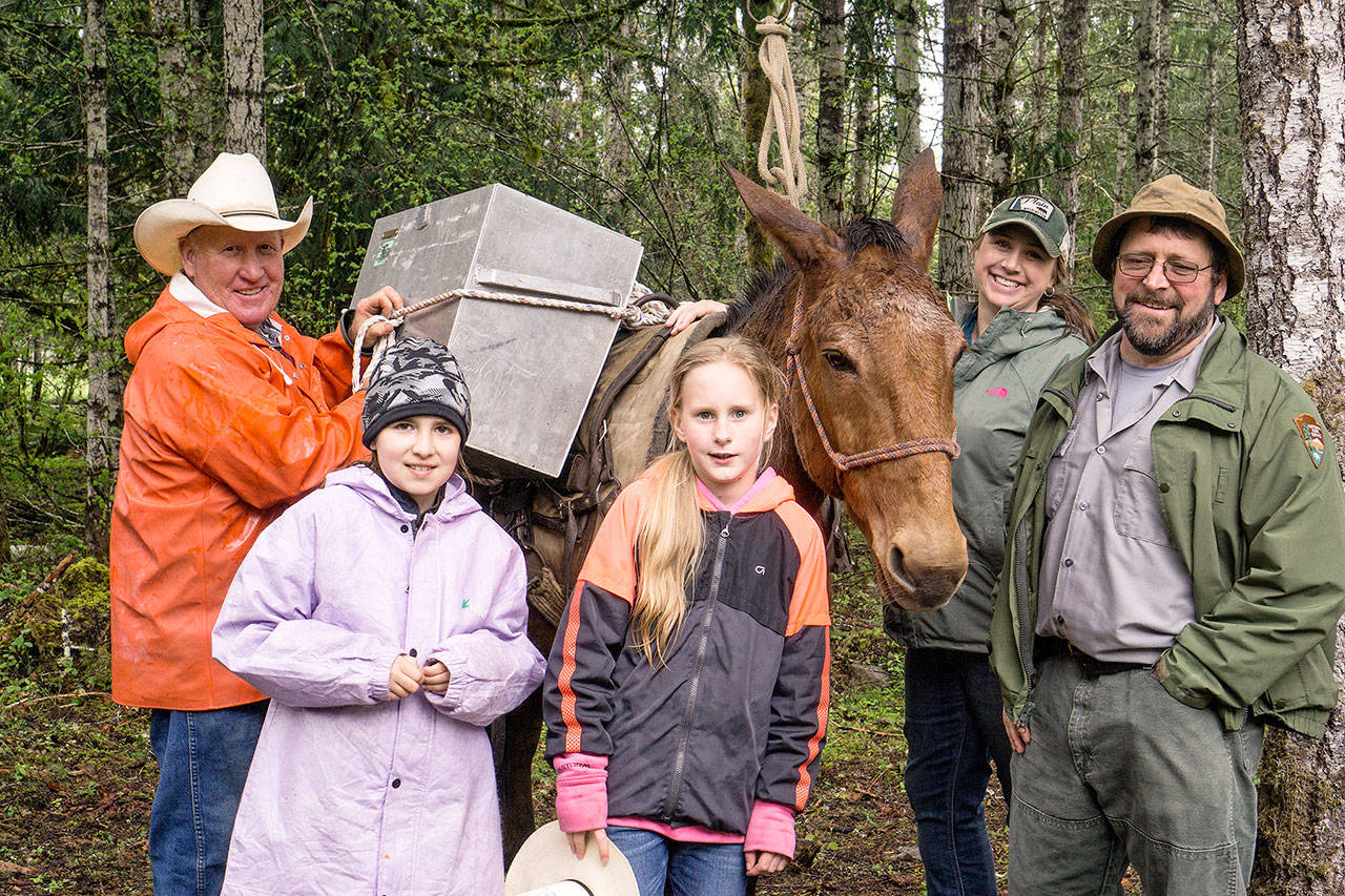 Olympic National Park’s official mule packer Boone Jones, left, Lily Meyers, Rylie Baysinger, Back Country Horseman Mount Olympus Chapter member Meghan Adamire and Olympic National Park Trail Program Manager Larry Lack at the April 28 Share the Trail event for hikers, runners, bicycle riders, horse and mule riders and packers. (Karen Griffiths/for Peninsula Daily News)