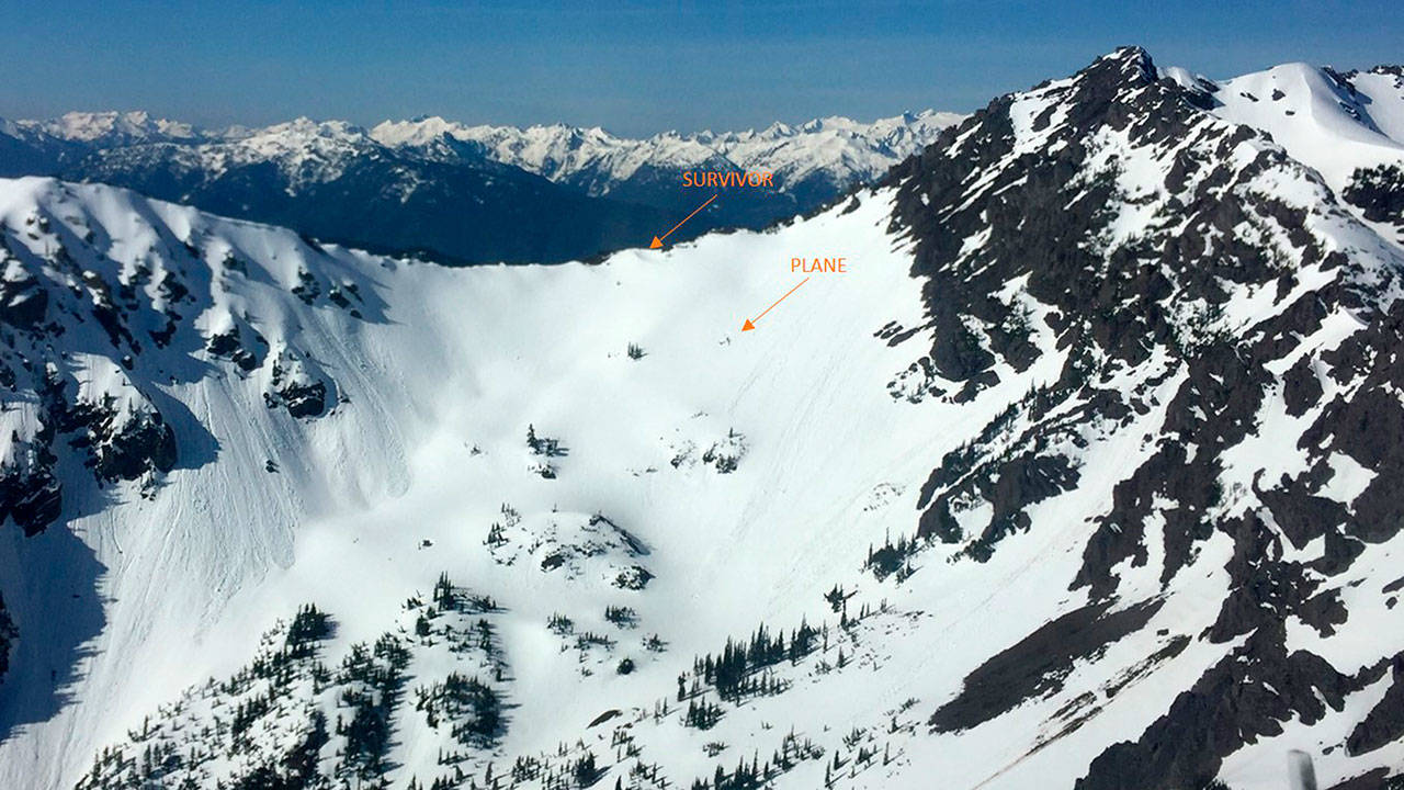 A photo supplied by the U.S. Navy shows where the Cessna 172 crashed in the Olympic Mountains and where the pilot was rescued. (Whidbey NAS)