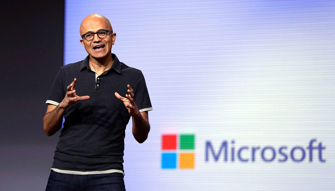 Microsoft CEO Satya Nadella delivers the keynote address at Build, the company’s annual conference for software developers, on Monday in Seattle. (Elaine Thompson/The Associated Press)
