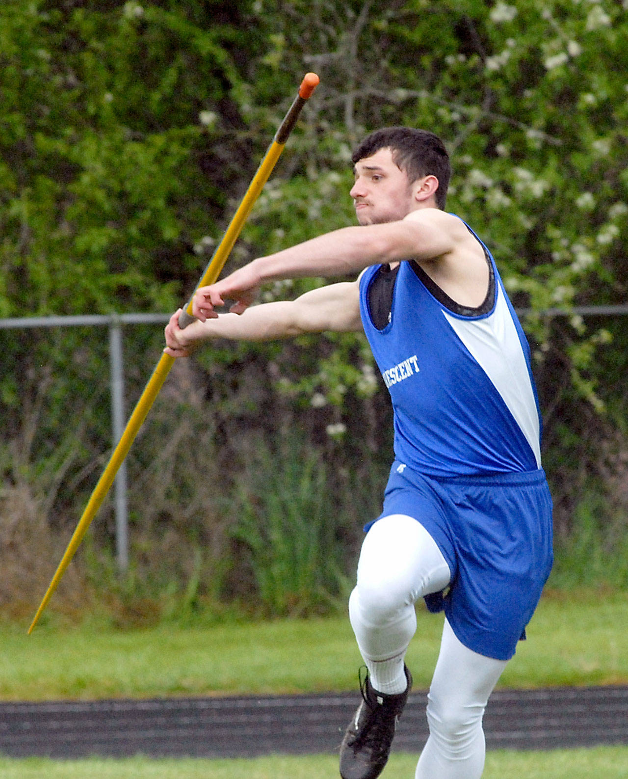 Eric Emery of Crescent competes in the javelin during Thursday’s sub-district meet on his home track in Joyce. (Keith Thorpe /Peninsula Daily News)