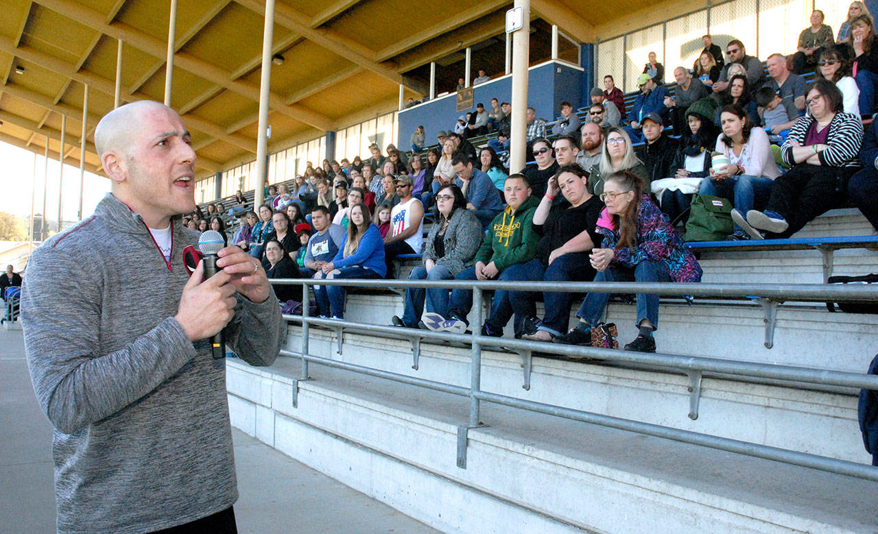 Golden Gate Bridge jump survivor Kevin Hines speaks about suicide Friday at Port Angeles’ Civic Field. (Keith Thorpe/Peninsula Daily News)